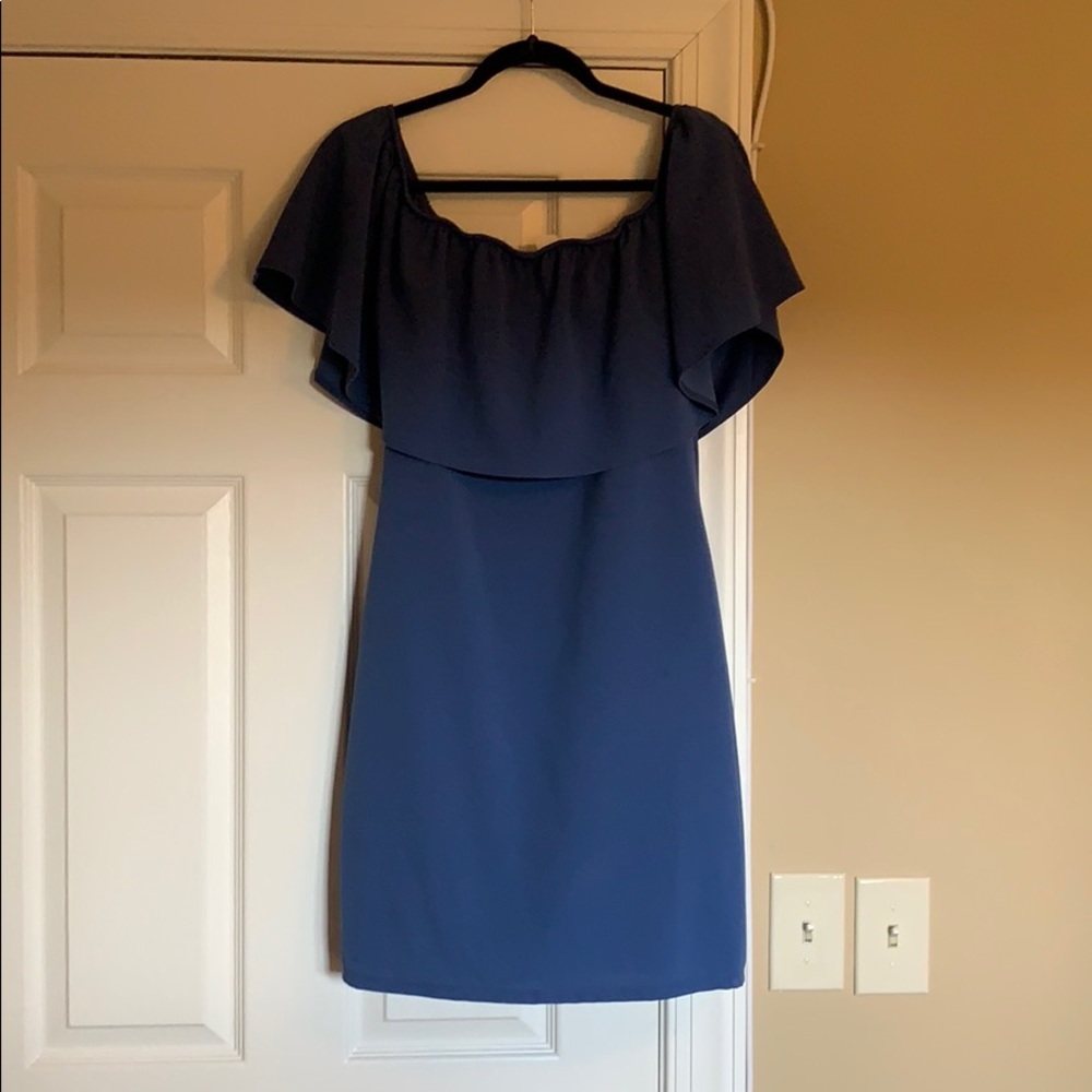 Over shoulder blue mini dress